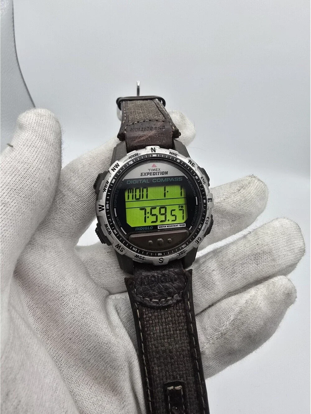 Timex Expedition Quartz Digital Compass Black Case Green Dial Brown Leather